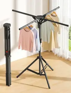 Lukzer Iron Tripod Collapsible Laundry Clothes Drying Rack Indoor Outdoor Clothing Stand Adjustable Height Portable With 4 Poles (Black, 49 X49 X 68.5 Cm)