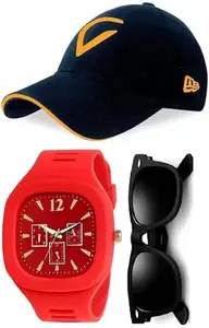 GIFFEMANS GFMN1300 Analog Red Dial Red Strap Watch with Sunglasses and Cap for Boys (Combo of 3)