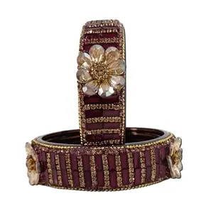 The Golden Cascade Fancy Glass Kada Bangles with Zircon Stones for Ladies & Girls | Stylish Indian Jewelry for Women, Wedding, Party & Festive Occasions (Wine, 2.6)