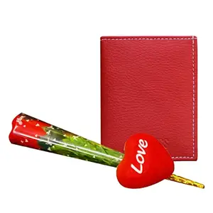 MATSS Faux Leather Unisex Red Wallet and Artificial Rose Combo for Valentine's Day