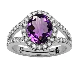 LMDLACHAMA 11.25 Ratti 10.50 Carat Natural Amethyst Gemstone Silver Plated Ring Oval Cut Gift for Womens And Girls