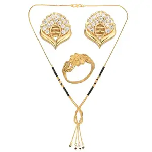 AanyaCentric Gold-plated Jewelry Pack: Elegant Short Mangalsutra, Ring, and American Diamond Earrings Pack - Stylish Accessories for Women and Girl