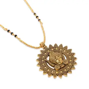 Digital Dress Room Gold Plated Long Mangalsutra Maa Durga Round Pendant Gold & Black Beads Chain Stylish Necklace Fancy Tanmaniya Designs For Women (29 Inches)