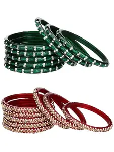 1st Time Stylish Glass Bangles/Kada Set- Perfect For Wedding, Celebrations, Party & Functions, Combo Of 2 Set, Each Set In 8 Bangles, Green & Red - D9