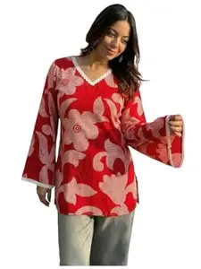ANNI Designer Women's Viscose Printed Short Kurti | Red Floral Tunic Top | V Neck Lace Detail | Full Sleeve Hip Length Kurta Top for Women