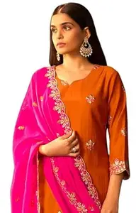 DRESOUL Women's Cotton Silk Embroidery Straight Kurta and Pant with Dupatta Set