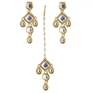 LUCKY JEWELLERY Traditional Back Meena 18k Gold Plated uncut kundan White color Tika Earring set for Girls & women