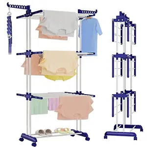 Jophaiipy Clothes Drying Rack,Folding Clothes Rack Space Saving, 4 Tier Drying Rack Stainless Steel Laundry Garment Dryer Stand with Two Side Wings -Deep Blue Clothing Rack