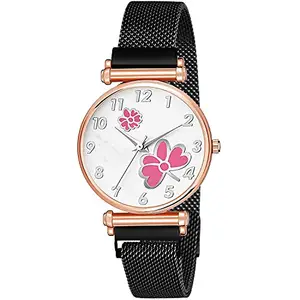 niyati Nx Analogue White Dial Flower Design Color Pink and Black Manget Starp Watch for Girl's and Women
