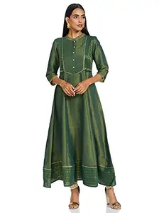 Aurelia Women's Cotton Blend Green Mandarin Neck Yarn-Dyed Dress Below The Knee (21FEA11614-701280 XS)