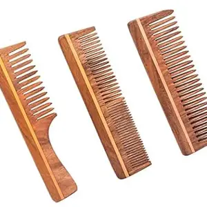 KhuShu Handmade Natural Pure Healthy Neem Wooden Comb Wide Tooth for Hair Growth,Anti-Dandruff Comb For Women And Men (Mix Combo Pack of 3)