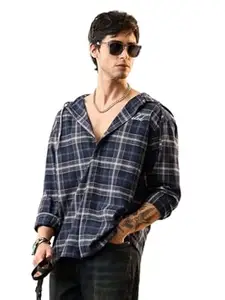 The Souled Store Hooded Shirt: Seaside Men and Boys Long Sleeve Hooded Navy Plaid Lightweight Easy to Style Everyday Office Wear Cotton Relaxed Shirt