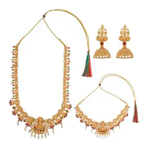 TEEJH Kavitha Gold Red And Green Layered Necklace Set