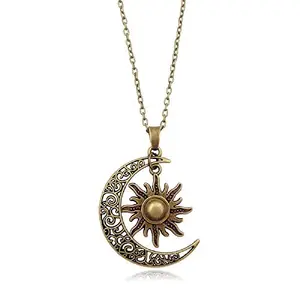 ease&belief Vintage Bronze Crescent Moon and Sun Pendant Necklace Retro Style Swirl Filigree Unisex Sweater Chain Jewelry Gifts for Women Men Girls-Bronze