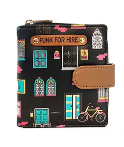 Funk For Hire Women Printed Vegan Leather Small Wallet - Black