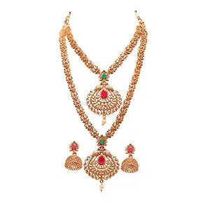 Swarajshop gold plated south indian traditionally & ethnic green maroon stone haram necklace jewellery set for women