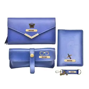 Vorak Ahimsa Ahimsa Leather Classy Women's Leather Wallet and Many More| Customized All in One Women's Combo (Royal Blue)