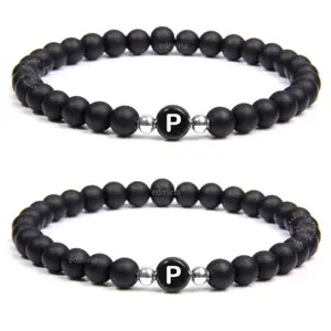 EDMIRIA Set of 2 Initial Letter Name Bracelets for Men & Woman | Black matte agate 6mm beads | Relationship Jewelry Couples Stress Relief Elastic Valentine gift Bracelet (P)