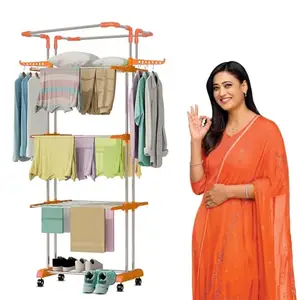 PRO HOME ProHome Stainless Steel 4 Layer Stand Clothes Drying Stand | Cloth Dryer Stand with Mobility Wheel | Foldable Wings | Anti Rust Steel Metal | Indoor and Balcony | Orange