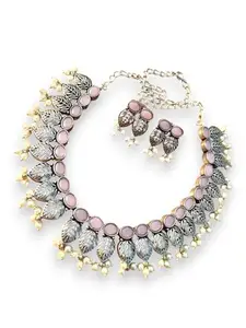 Anupama Oxidised Stone Studded Silver Necklace Set (Pink)