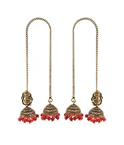 Ashiana Kashmiri Oxidised Gold Dangle & Drop Ganesh Jhumka with Red Beads