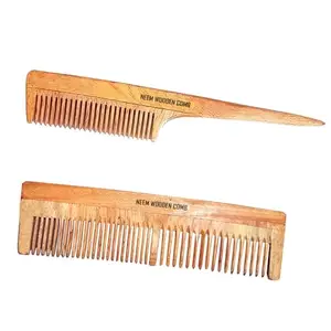 BlackLaoban Handmade Wooden Combs Big Size Kacchi Neem Wood Comb Set - Neem Comb Combo For Men & Women Hair Growth - Pack of 2 - Anti Dandruff, Detangling Hair Fall Control Kanghi Dual Tooth & Tail Comb