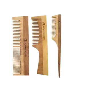 Always Keen Wooden Hair Combs, Wide Tooth Detangling Set, 3 Piece, Natural Neem + Pocket Comb Free