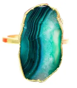 KHN Fashion Royal Milky Green Agate Slice Adjuatble Gold Electroplated Rings Gifts For Her