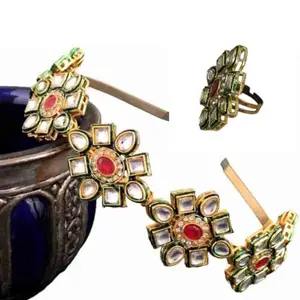 Sweksha Creations Gold Plated Brass Kundan Flower Design Hairband/Mathapatti and Ring For Women/Girls/Bride (Green, Set of 1)