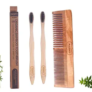 PARMY Neem wood comb, Bamboo Wooden brush | Handmade Tooth brush, Dandruff Control | Hair Straightening, woody comb| Comb & Toothbrush for Men, Women | (PACK OF 2 TOOTHBRUSH WITH 1 COMB)