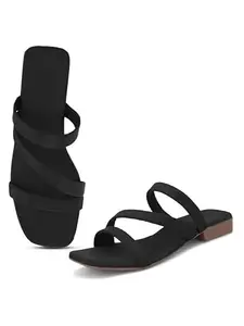 XE Looks Women's Black Flat Slippers | Strappy Slip-On Design | Soft Cushioned Footbed | Lightweight & Comfortable Slippers For Girls & Women