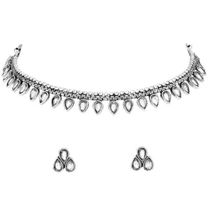 Peora Silver Plated White Kundan Studded Choker Necklace Stud Earrings Ethnic Jewellery Set for Women & Girls