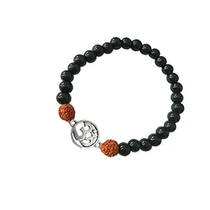 RICH AND FAMOUS Black Onyx Rudraksha Metal Om Bracelet for Men and Women