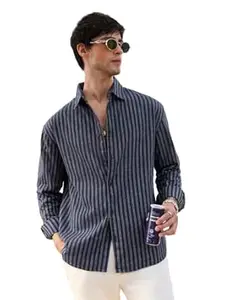 The Souled Store: Shadow Men and Boys Long Sleeve Spread Collar Navy Blue Striped Lightweight Easy to Style Everyday Office Wear Cotton Relaxed Shirt