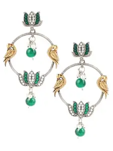 Adwitiya Collection Silver Plated Pigeon & Lotus Design Green Yellow Oxidised Earrings with Pearl for Women and Girls