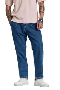 Snitch Men Casual Jeans | Baggy Fit Mid Rise Solid Pattern | 100% Cotton Smooth Texture Woven Denim | Relaxed Style for Everyday & Street Wear |Dark Indigo Blue