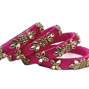 Elegance Beautiful Kundan Dark Pink Silk Thread Bangle (Set of 4)