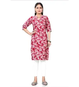Women's Casual 3/4th Sleeve Floral Print Polyester Knee Length Straight Kurti (Red, L)-PID45477