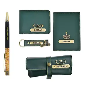 YOUR GIFT STUDIO Combo 1 pc Faux Leather Men Wallet, 1 Keychain, 1 Beautiful Passport Cover, 1 pc Eyewear Case and Personalize Pen with Name Engraved on it | Personalized Combo for Gifting (Green)