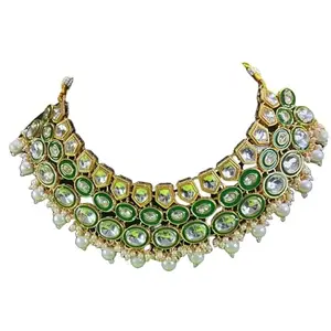 Handcrafted Kundan Work Triple Layer Dazzling Necklace Set for Women (Green & White)