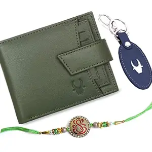 WildHorn Rakhi Gift Hamper for Brother - Classic Men's Combo/Gift Set of Leather Wallet, Keyring and Rakhi for Brother (Forest Green)