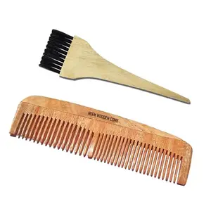 BlackLaoban Handmade Wooden Combs Big Size Kacchi Neem Wood Comb Set for Men & Women Hair Growth with Wooden Dye Brush