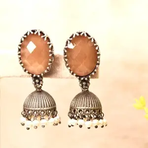 Navraee Traditional Oxidised Silver Plating Brass Oxidized Oxidised Jhumka With Big Stone And Pearl || Fashion Earring-Light Brown