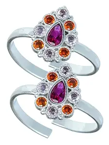 AHOORA Oxidised Silver Plated Pink Orange Stone Toe Ring