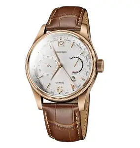 Luxury Men's Quartz Watch, Rose Gold Case, Brown Leather Strap, Calendar Display, White Dial