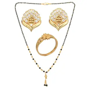 AanyaCentric Gold Plating Jewelry Set: Elegant Short Mangalsutra, Ring, and American Diamond Earrings Set - Stylish Accessories for Women and Girl