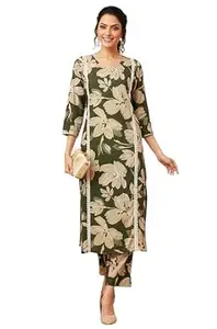 Janasya Women's Olive Pure Cotton Floral Printed Straight Kurta Pant Set