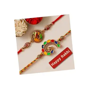 eCraftIndia Set of 2 Lord Ganesha and Peacock Designer Rakhis for Brothers with Best Bro Ever Fridge Magnet and Roli Chawal Pack