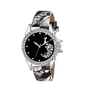 HORCHIS New Arrival Peacock Printed Black Dial Women Watches