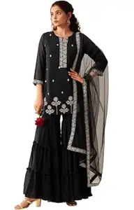 DRESOUL Women Georgette Kurta Sets for Woman, Handwork Embroidered Kurta and Sharara Set for Women for Wedding with Net Dupatta Festive Outfit